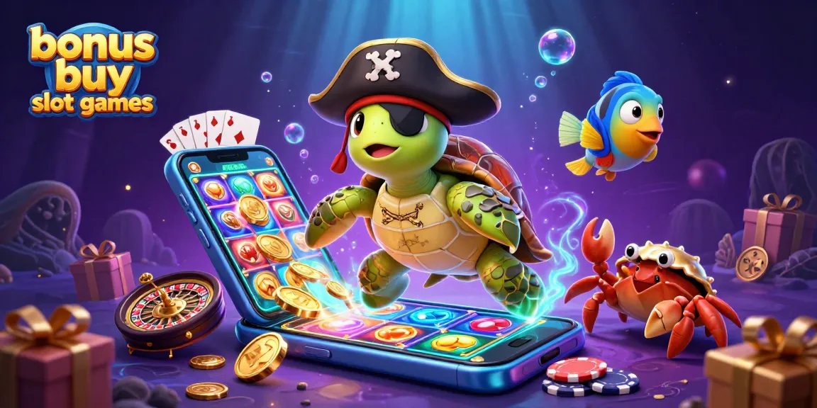 Engage in bonus buy slot games with a pirate turtle and rewards floating amidst dynamic treasure.