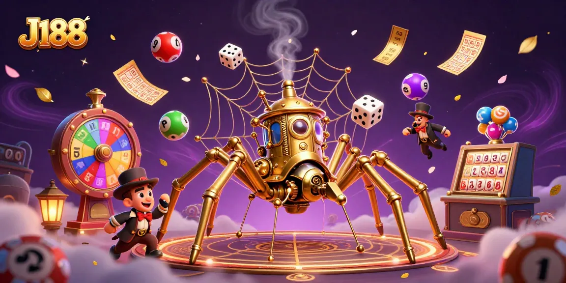 Experience excitement at J188 with a captivating illustration of a steampunk spider and lottery chaos.