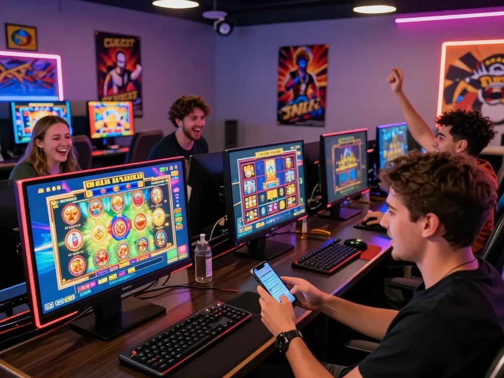 Suasana permainan slot demo yang mendebarkan dengan berbagai pemain menikmati permainan slot berwarna-warni di lounge perjudian daring yang semarak.