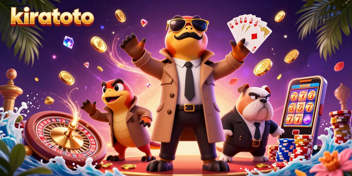 Experience thrilling gameplay at kiratoto with raptors and a bulldog bouncer in a vibrant casino scene.