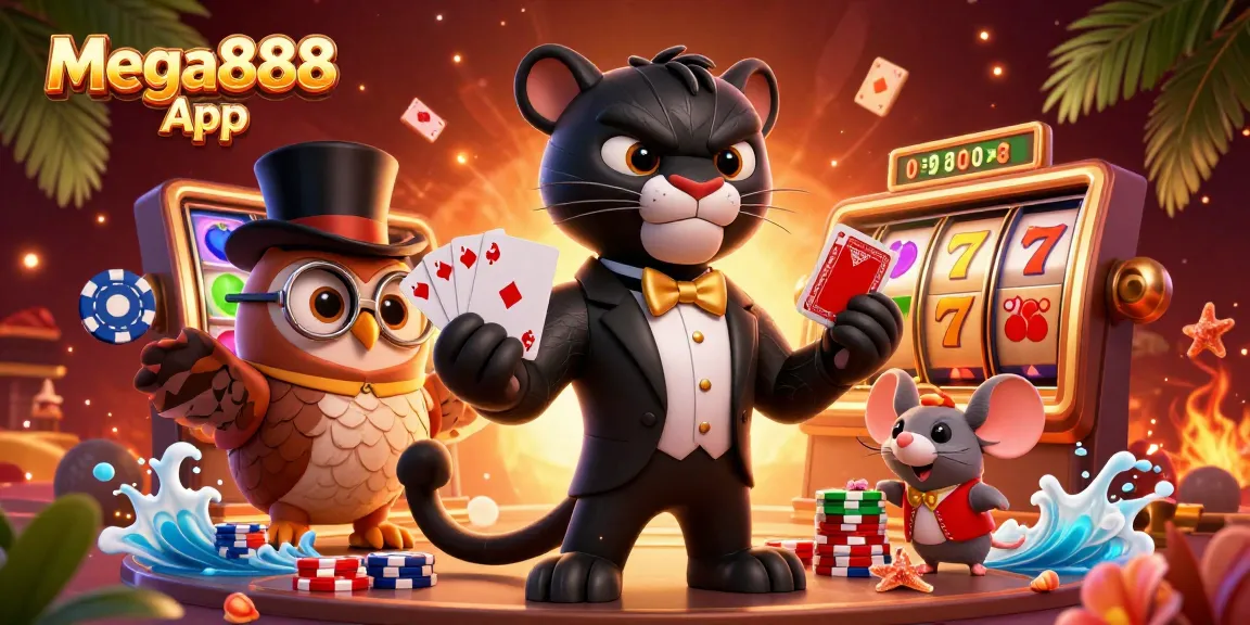 Experience thrilling gameplay with the Mega888 App featuring poker and slot games in an exciting 3D scene.