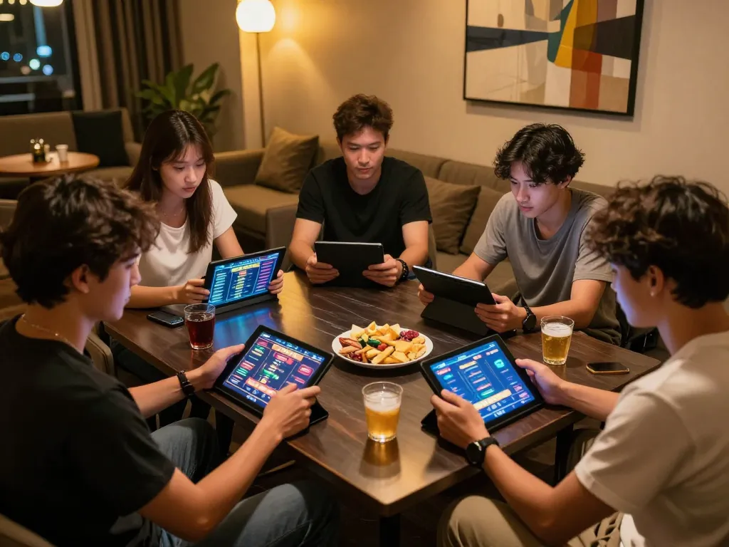 Kumpulan yang terlibat bermain bandar togel online di lingkungan lounge yang nyaman, menampilkan layar yang cerah dan suasana sosial.