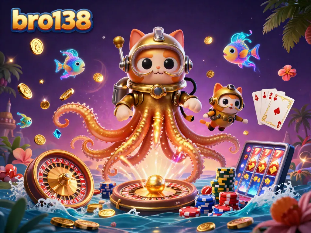 Experience winning with bro138 as the kraken and diving cat celebrate casino glory in a vibrant 3D scene.
