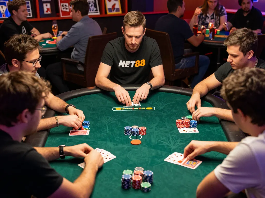 Experience NET88 poker strategy as players engage intensely over a competitive game.
