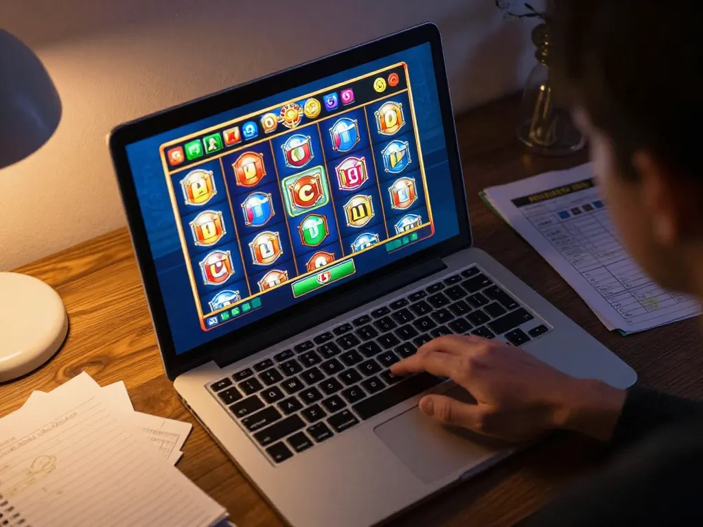 Engaging in thrilling slot online gaming on a laptop with vibrant graphics.