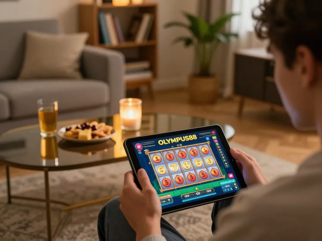 Play OLYMPUS88 slots in a cozy home setup with warm lighting and snacks nearby