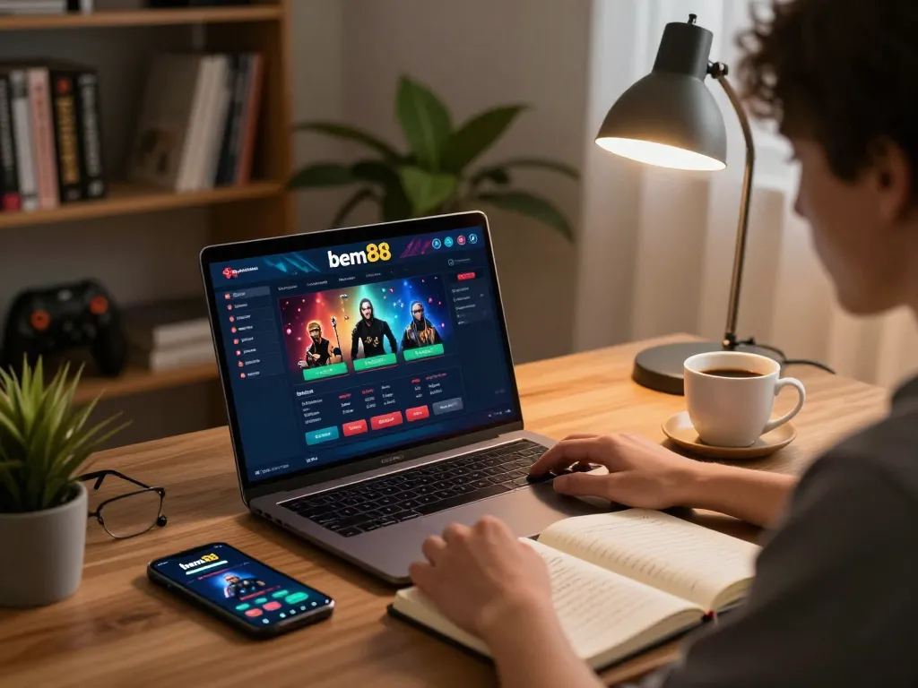Engaged player exploring bem88's online casino games in a cozy home office.