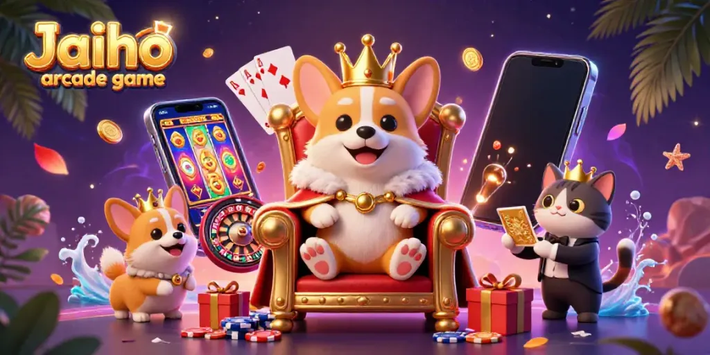 Engage with the thrilling Jaiho arcade game scene featuring a royal corgi and casino elements.