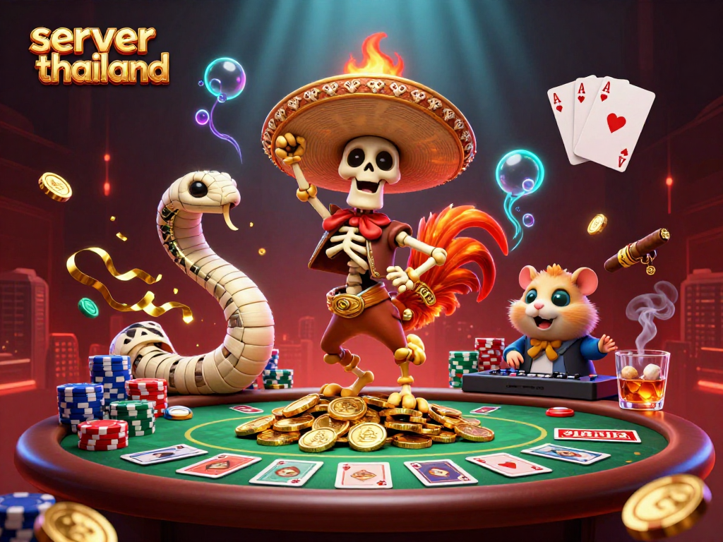 Experience thrilling poker plays with server thailand featuring vibrant characters and rich casino elements.