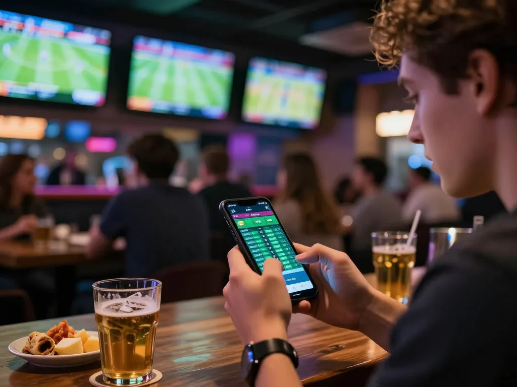 Xoilac user analyzing sports betting odds in a lively bar with live match screens.