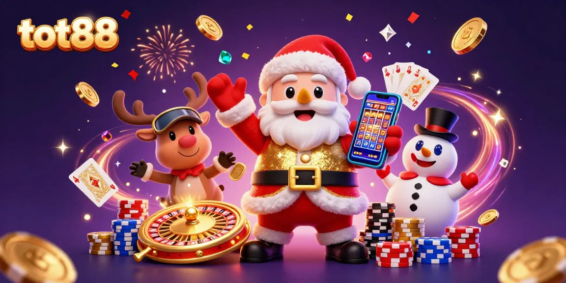 Experience excitement at tot88 with Santa, reindeer, and snowman in a vibrant casino scene.