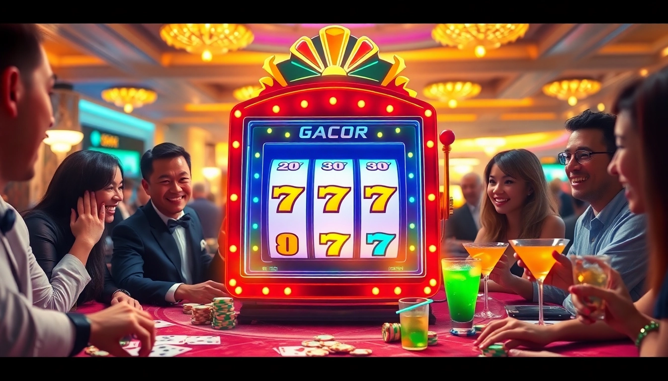 Players celebrating a massive win at a slot gacor, surrounded by vibrant casino elements and excitement.