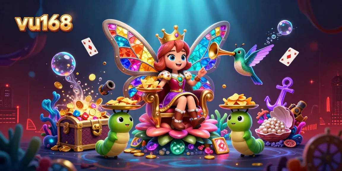 Experience the thrill of betting at vu168, where a butterfly queen presides over a vibrant casino scene filled with treasures.