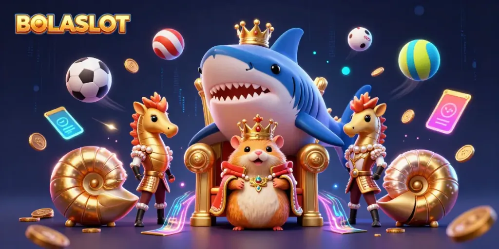 BOLASLOT showcases a golden hamster king on a megalodon throne with sports balls and trophies in a dynamic casino scene.