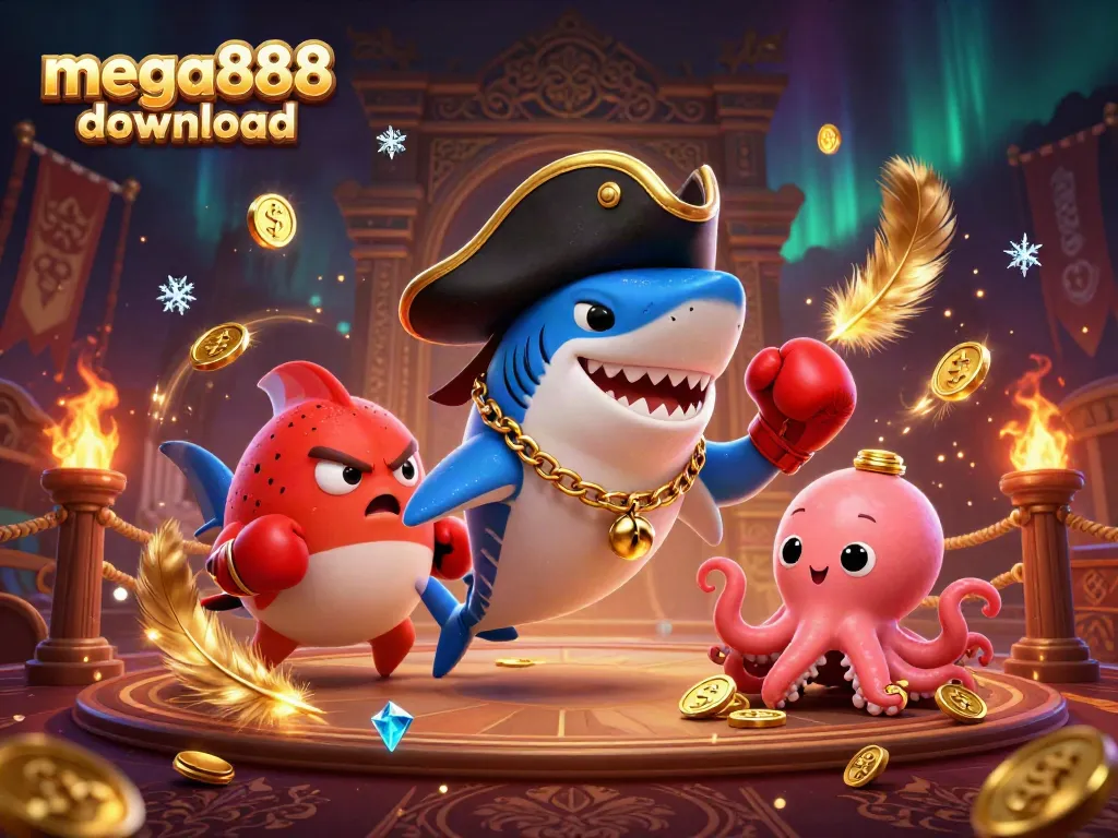Experience thrilling mega888 download with cartoon pirate shark and casino elements in action.