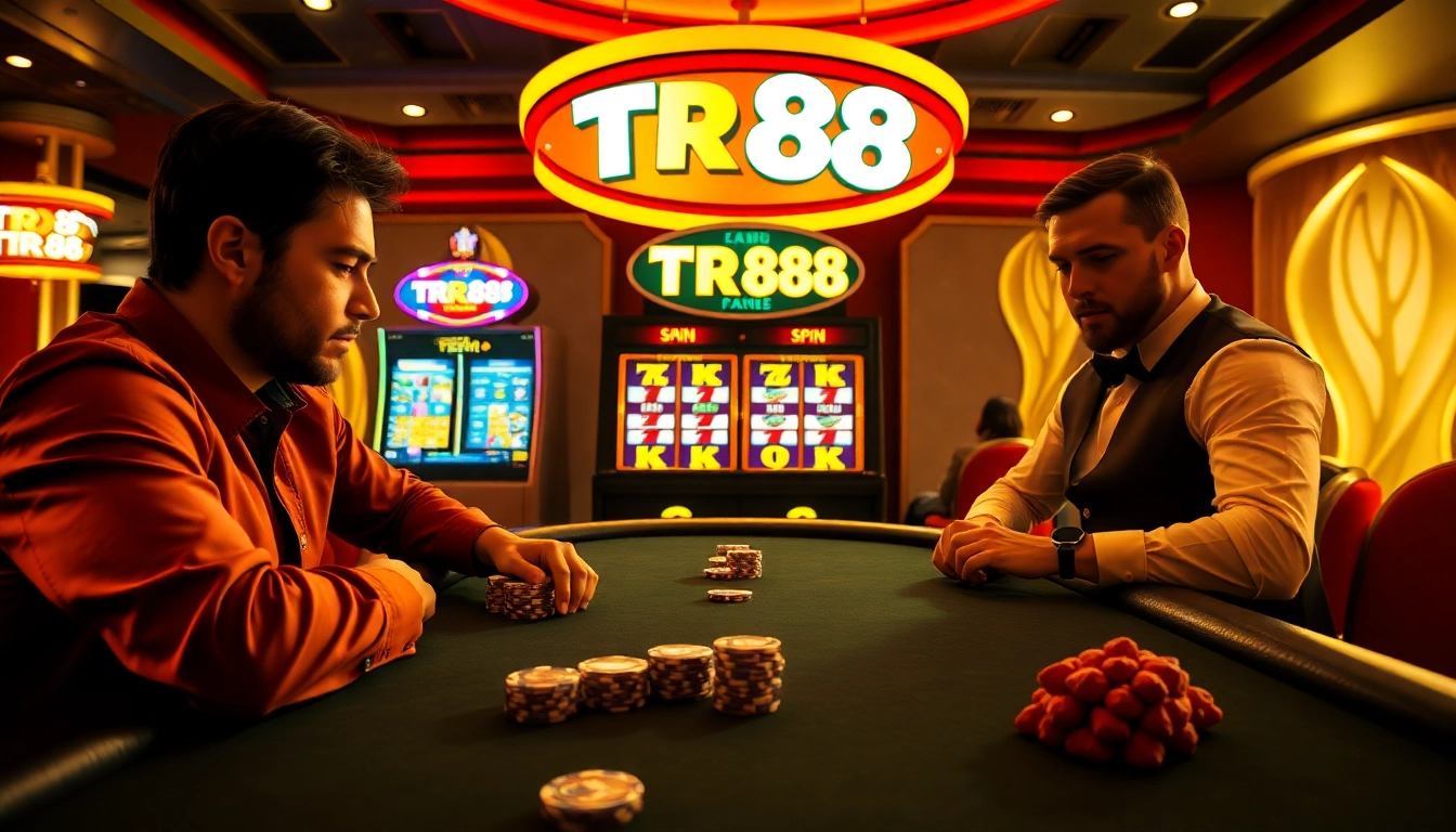 Experience the thrill of gambling with TR88 at a high-stakes poker table, showcasing luxury and excitement.