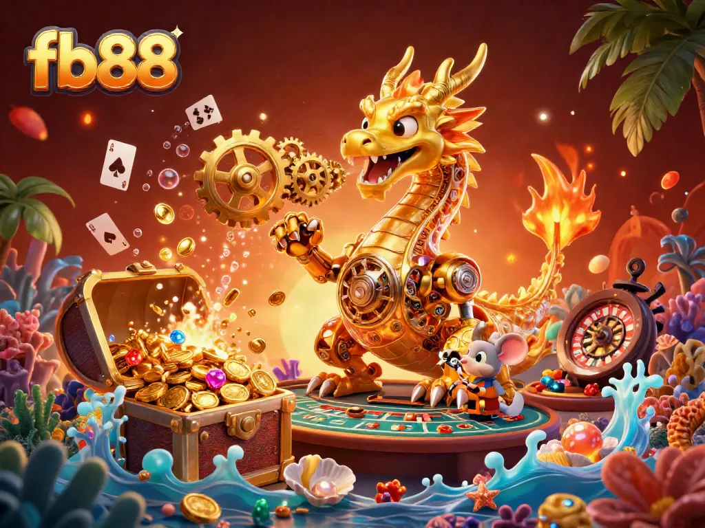 Engage with fb88's vibrant gaming scene featuring a biomechanical dragon and classic casino elements.