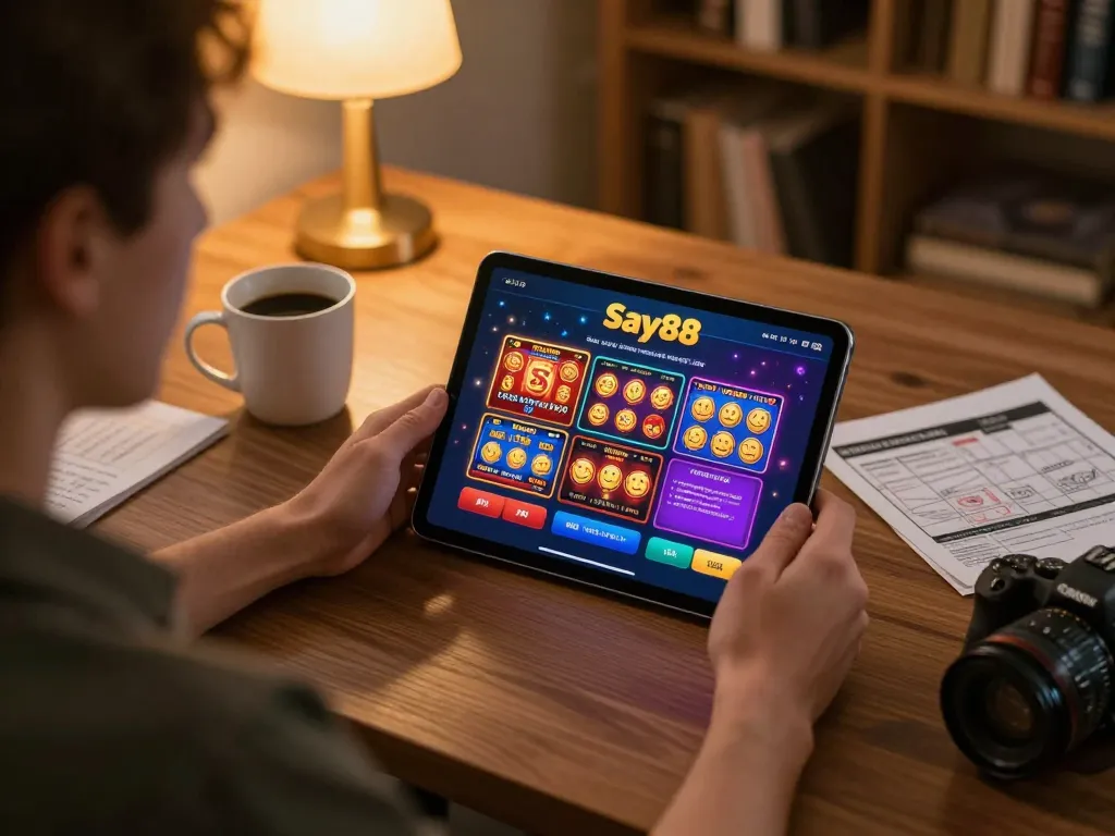 Player engaged in say88 online casino gameplay, focusing on tablet with colorful game graphics, cozy home setting.