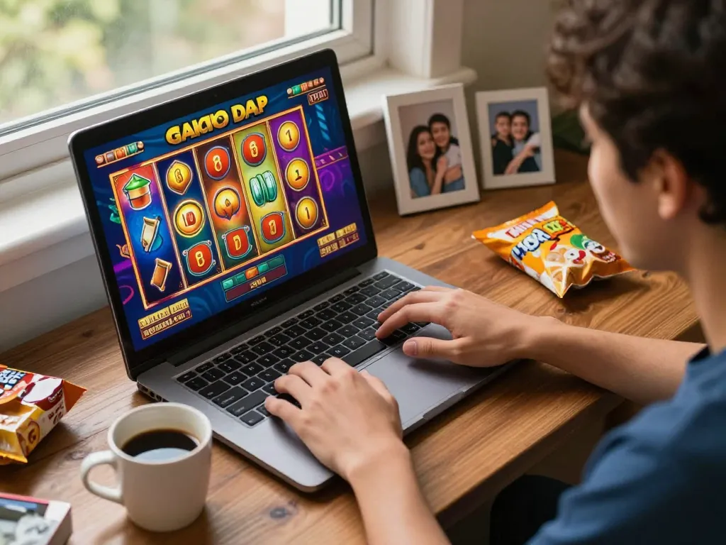 Player enjoying slot gacor online gaming experience at home with engaging interface and cozy atmosphere