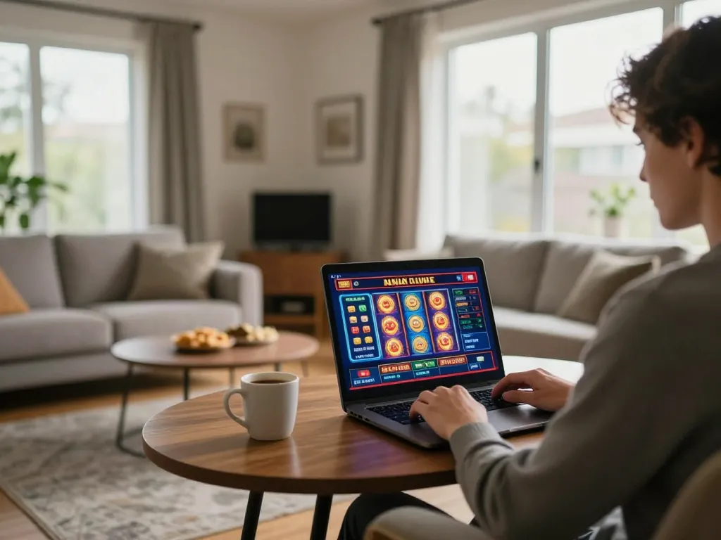 Player engaging in online gambling at dacsandatphanrang.com from a cozy living room, betting on colorful slot games.