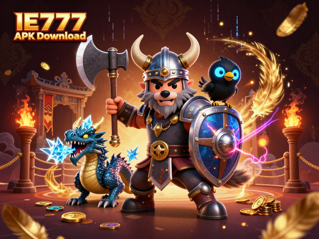 Bet on your luck with IE777 APK Download featuring a Viking wolf warrior and dragon in a dynamic casino scene.