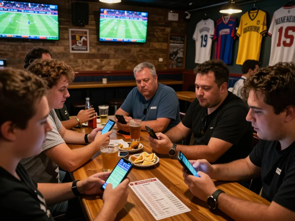 LIGA2000 sports betting excitement with patrons checking apps at a lively sports bar.