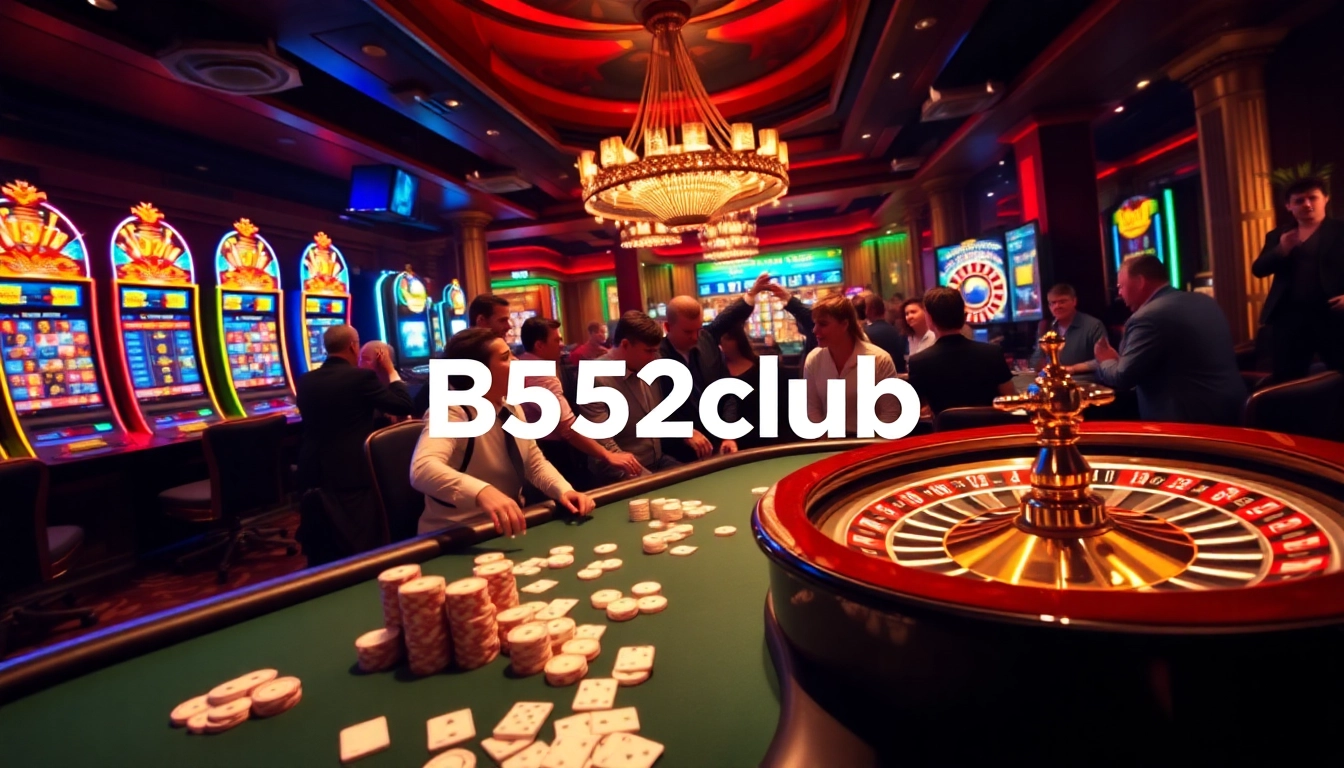 Exciting gameplay at B52club casino, featuring vibrant poker tables and slot machines.