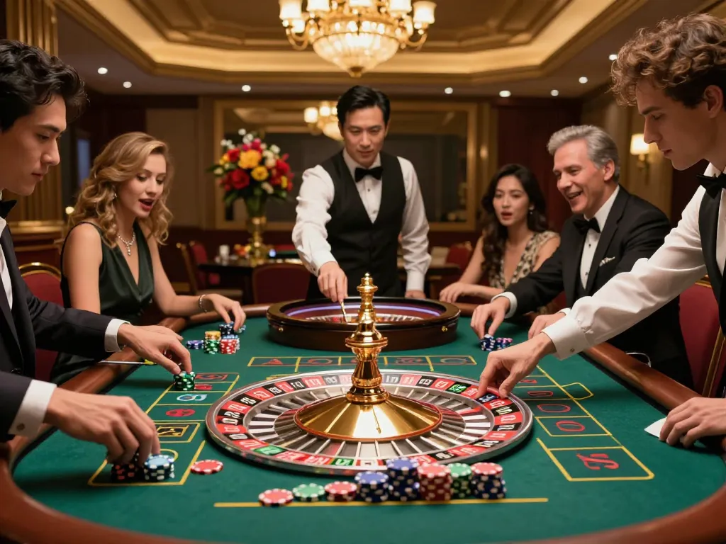 Experience the thrill of IWIN at an exciting roulette table, with players engaged in betting action and vibrant casino ambiance.