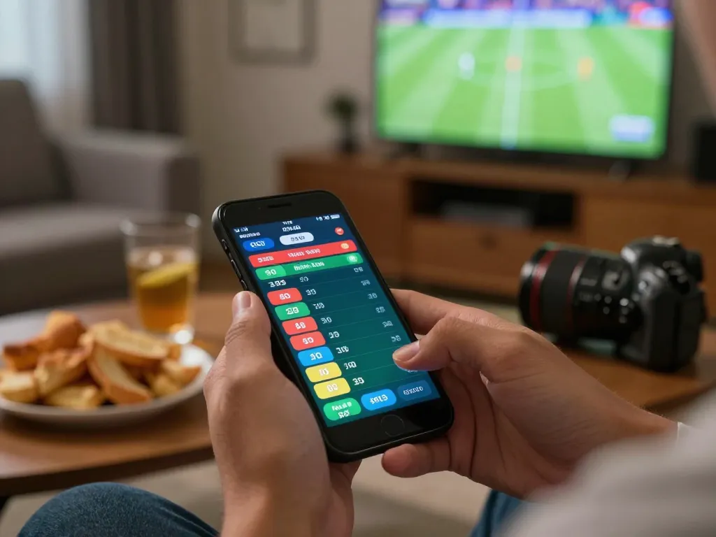 Player engaging in online sports betting with dinamit4d app, showcasing betting screen and cozy atmosphere.