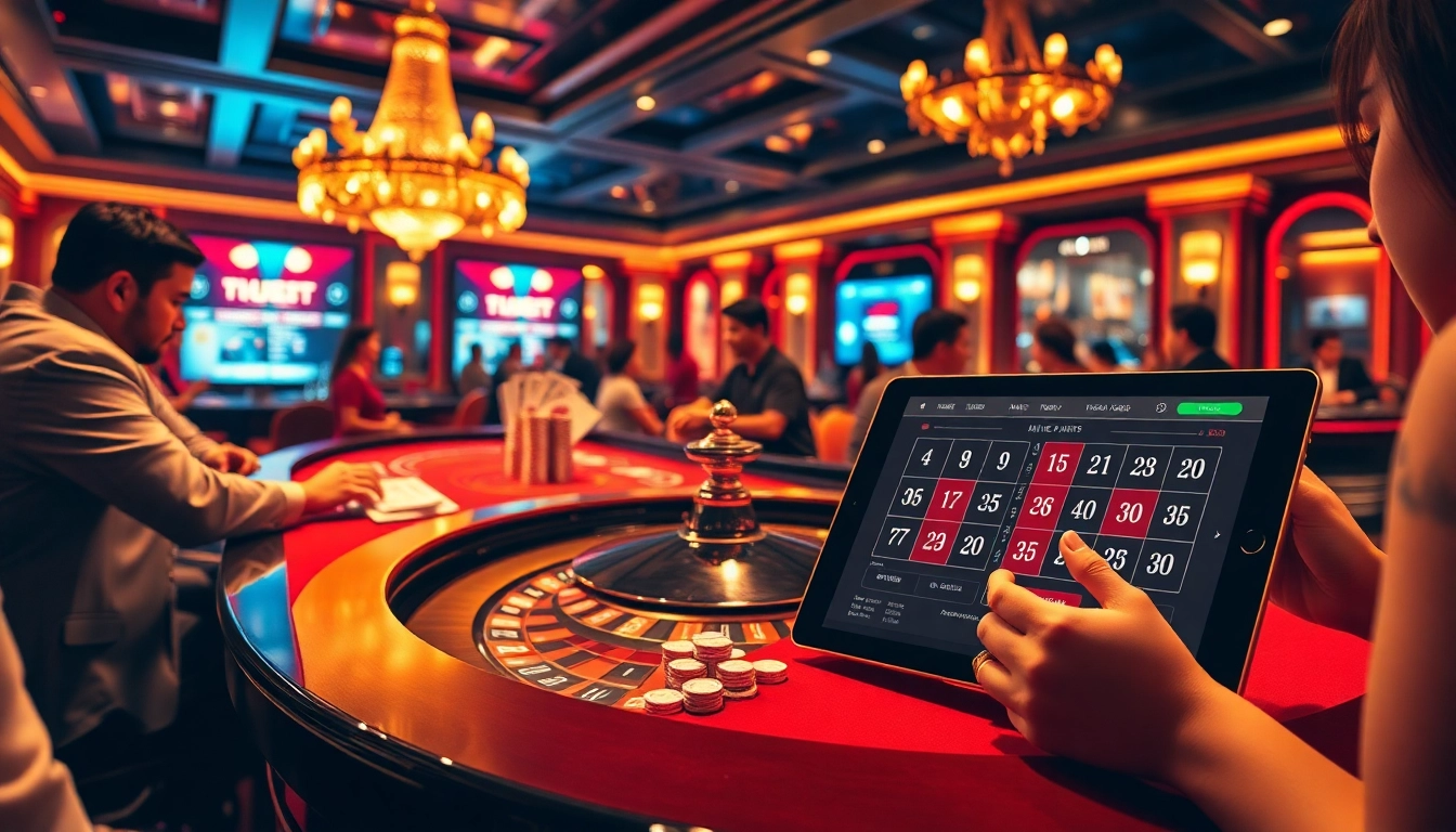A player enjoying a high-stakes game at AE888's glamorous casino table, showcasing excitement and strategy.
