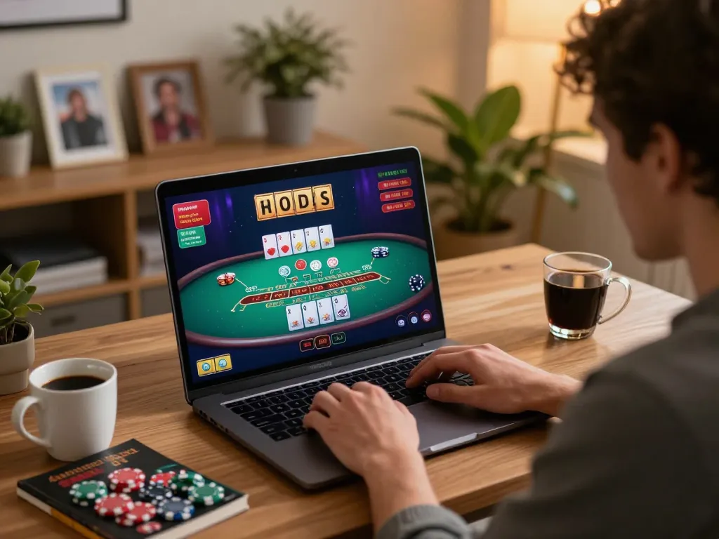Engaging gameplay at home, the Go8 player enjoys online blackjack with active strategy notes.