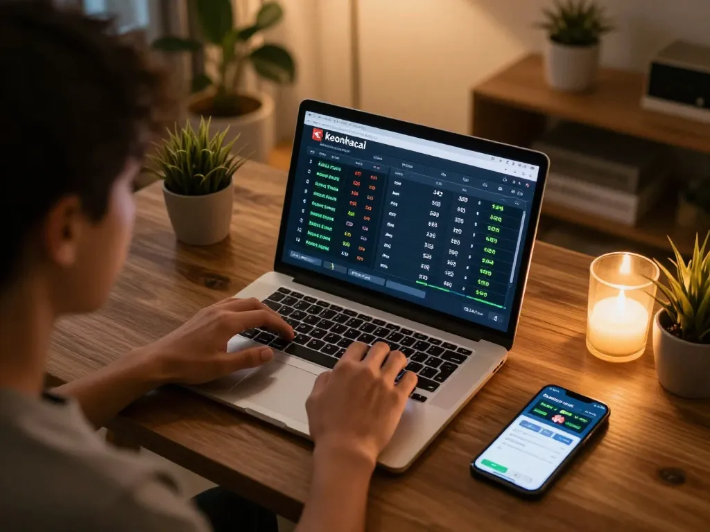 Engaged bettor reviewing keonhacai odds while using a laptop in a comfortable home setup.