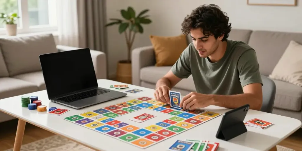 Player immersed in Rumble Rummy on smartphone surrounded by colorful game cards.