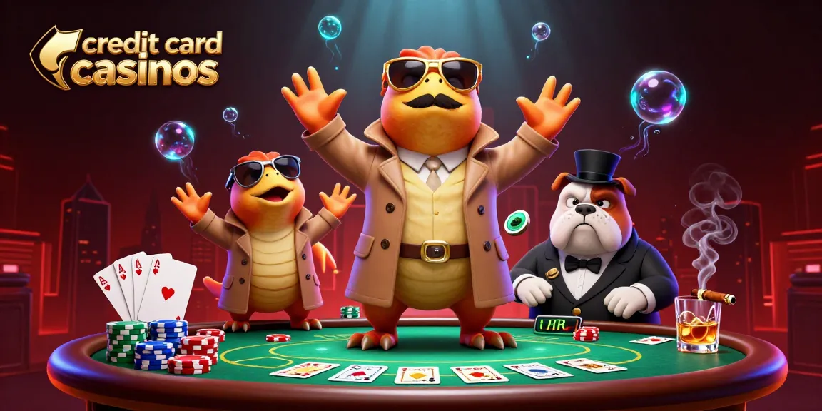Experience thrilling action at credit card casinos with cartoon raptors and casino elements.