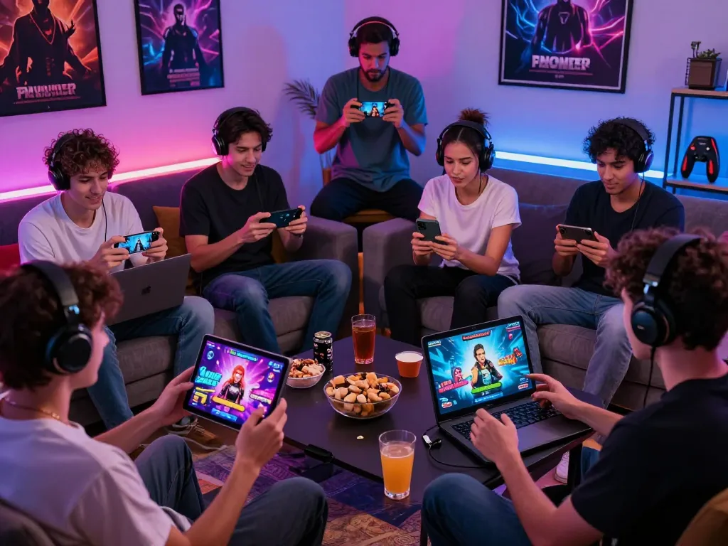 Exciting scene of players enjoying mobile porn games on various devices, showcasing immersive gameplay and a cozy atmosphere.