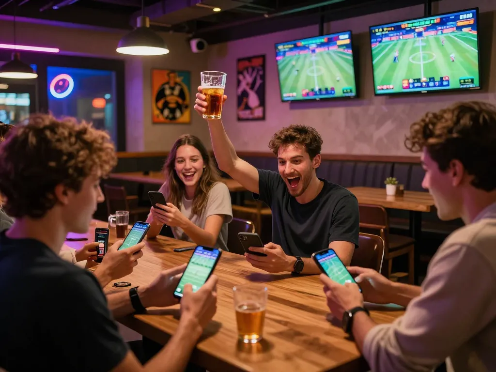 Betting on sports at https://goal123.ac/, with friends celebrating a win in a lively bar setting.