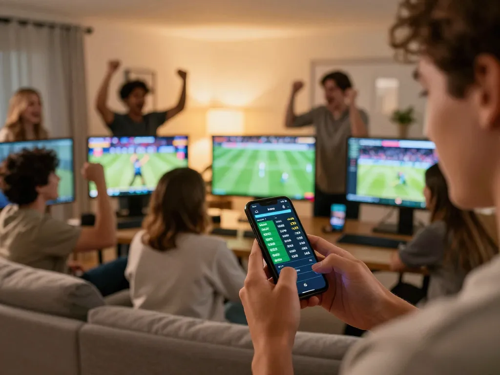 Betting enthusiast using open88 com to place live sports bets while friends cheer around