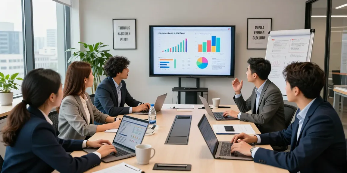 Small business team collaborating in a modern office, discussing strategies and documents.