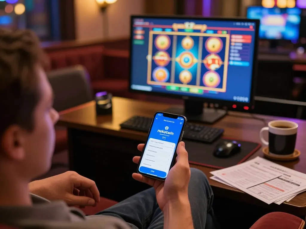 Engaging with the nekatwin link alternatif app on a smartphone amidst a cozy home gaming setup