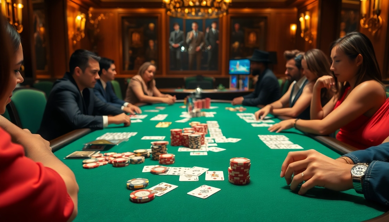 Players engage in thrilling poker at a luxurious casino table with colorful jbo chips.