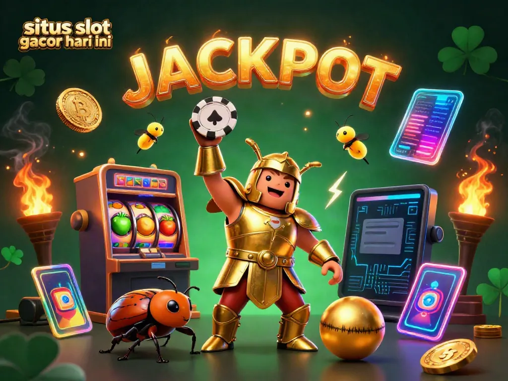 Mengangkat kemenangan di situs slot gacor hari ini, seekor kumbang hercules berperan sebagai gladiator dengan chip poker dalam pose kemenangan.