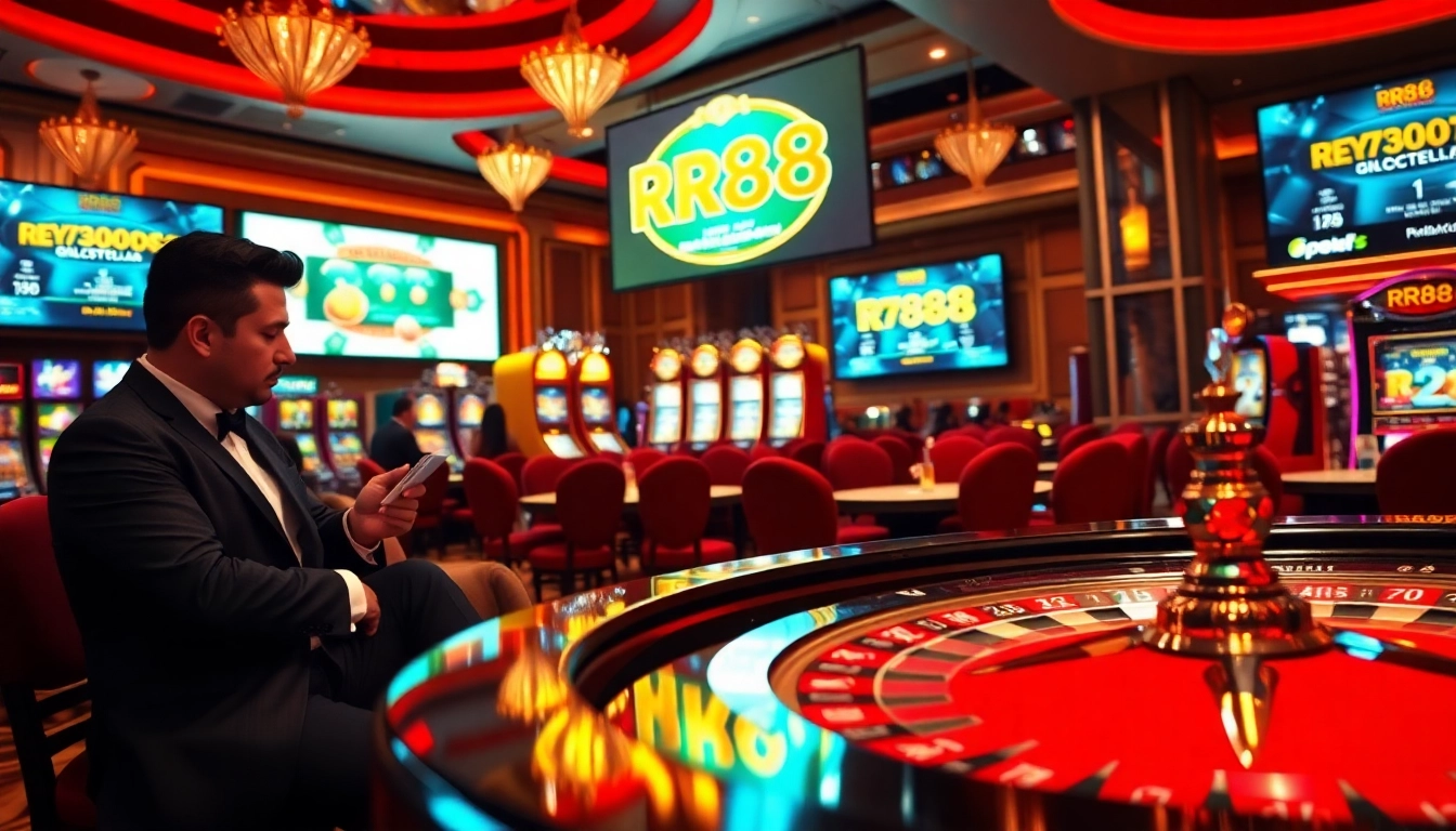 Engage in thrilling games at RR88 casino, featuring roulette tables and poker action for exciting gameplay.
