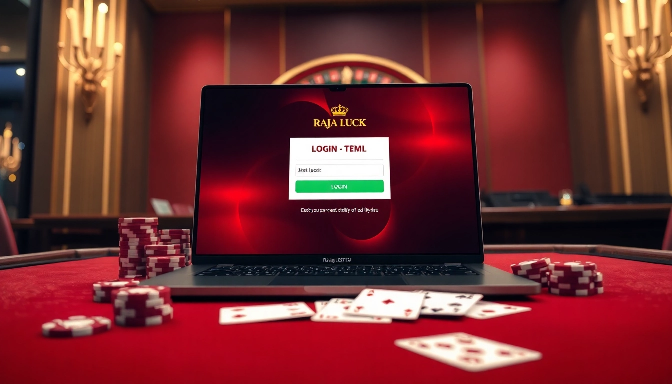 Experience seamless online gaming with the raja luck login on a luxurious casino interface featuring poker chips and cards.