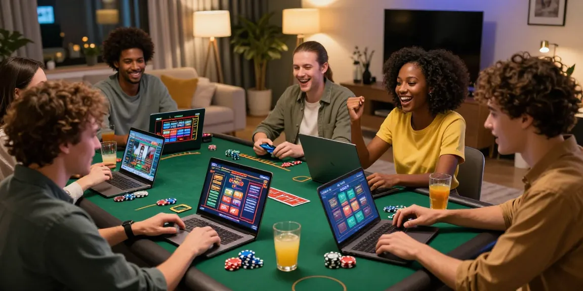 Friends enjoying a game night with credit card casinos at https://dea.org.uk, showcasing laptops, colorful chips, and a lively atmosphere.