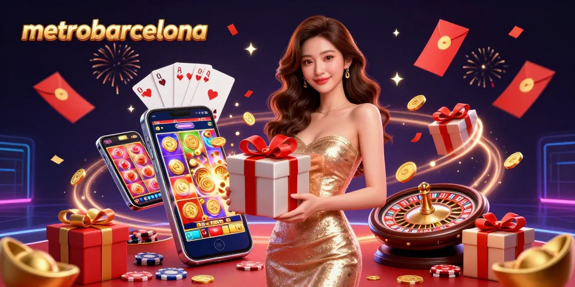 Engage in thrilling slots at metrobarcelona with a stunning welcome scene featuring vibrant casino elements and gold.