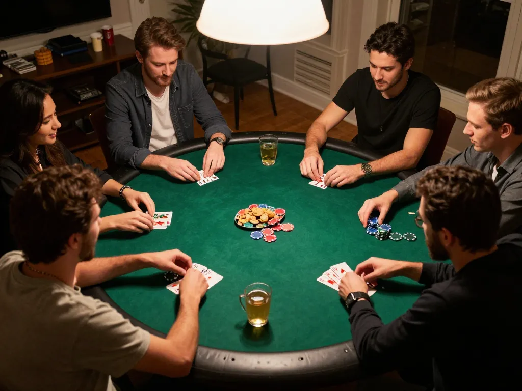 Friends enjoying a poker night, strategizing with chips and cards, showcasing the essence of keo nha cai gameplay.