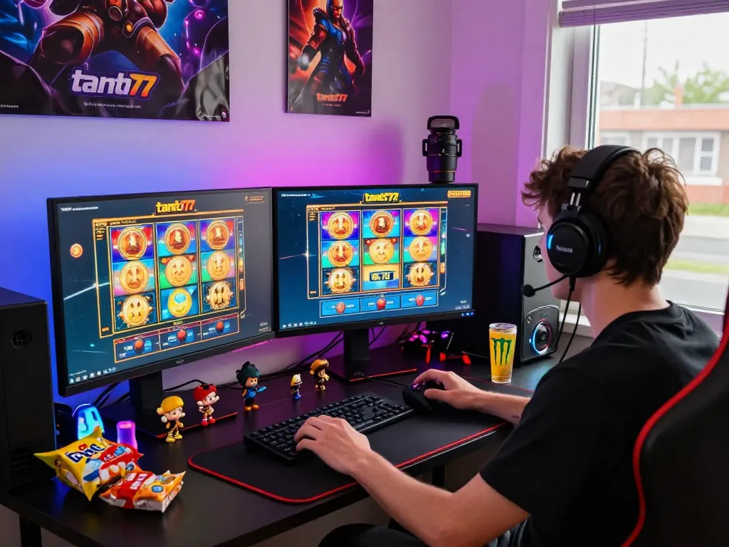 Engaging gaming setup showcasing tante77 slot games with vibrant graphics in a cozy home environment.