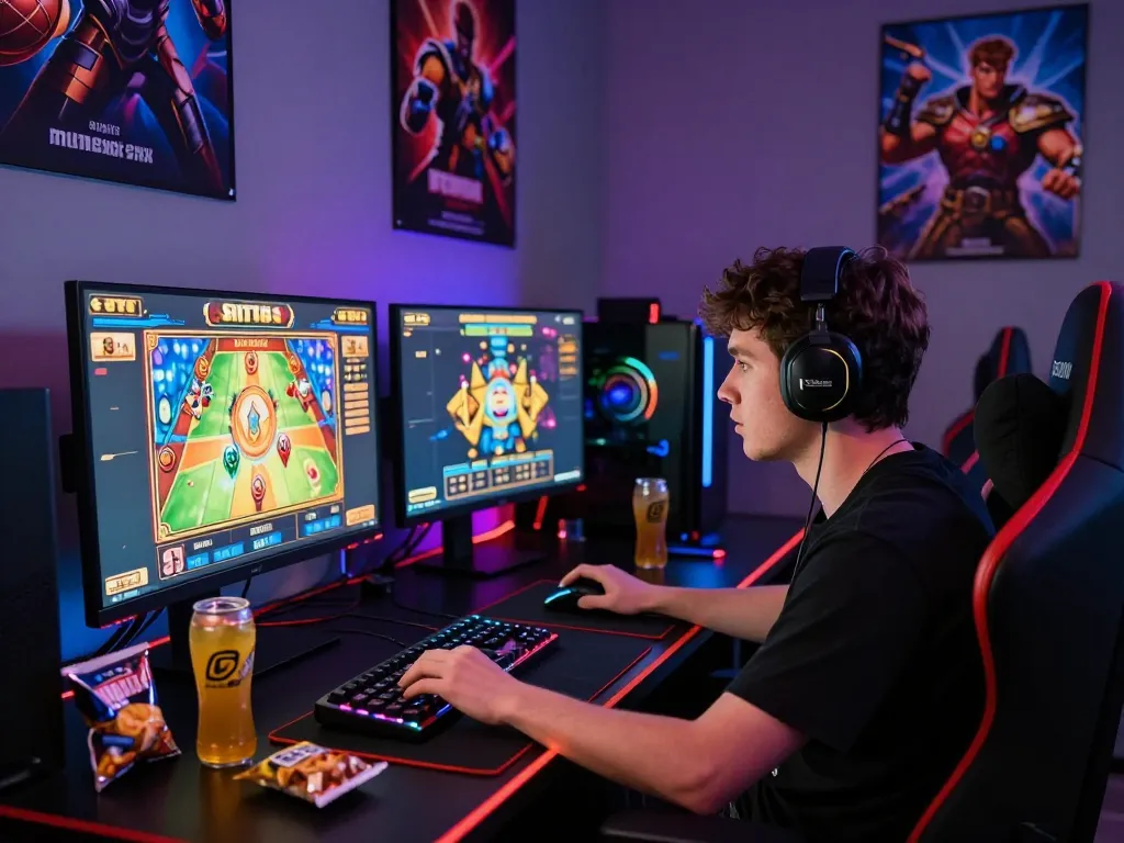 Pemain terfokus pada permainan situs slot di setup modern dengan pencahayaan yang cerah.
