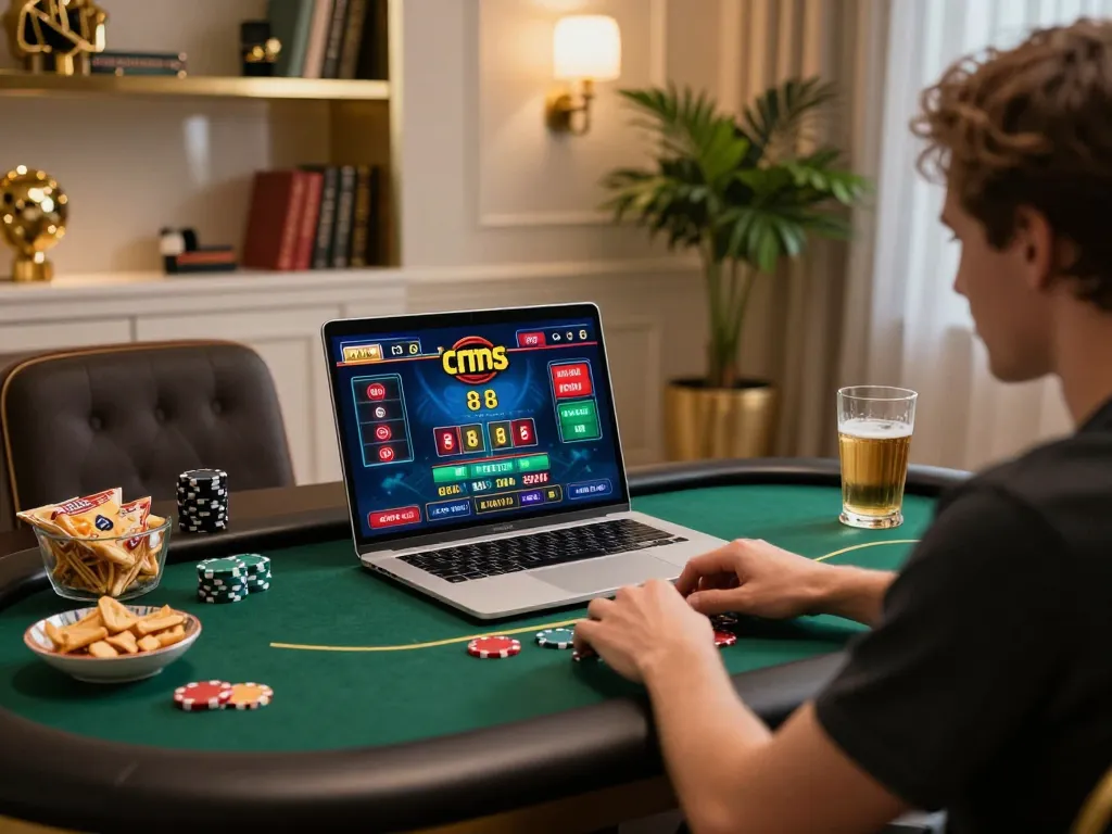 Player engaging in cm 88 online poker game at modern desk, showcasing vibrant casino interface, ambient lighting