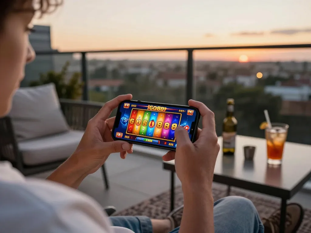 Engaged player enjoying GO88 casino games on a smartphone during a sunset